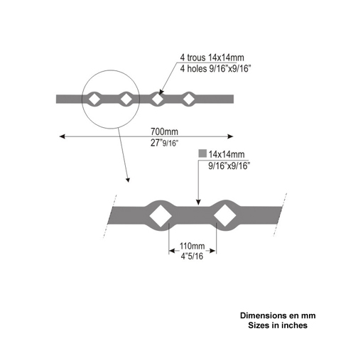Barres 14x14mm 4 trous losange 14x14mm renfls longueur 70cm pour grilles de dfense Barre  tr