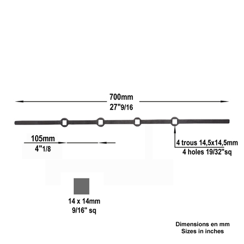 Barres 14x14mm 4 trous droits 14x14mm renfls longueur 70cm pour grilles de dfense Barre  tro