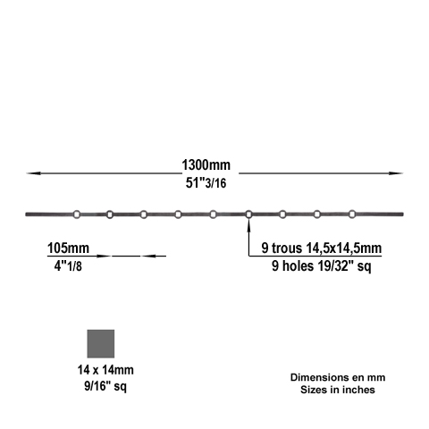 Barres 14x14mm 9 trous droits 14x14mm renfls longueur 130cm pour grilles de dfense Barre  tr