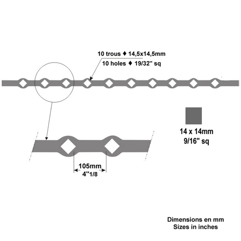 Barres 14x14mm 10 trous droits 14x14mm renfls longueur 150cm pour grilles de dfense Barre  t