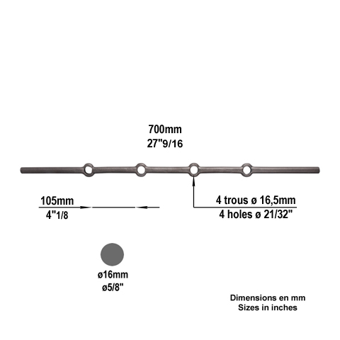 Barres 16mm 4 trous ronds de 16mm renfls longueur 70cm pour grilles de dfense Barre  trous