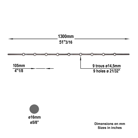 Barres 16mm 9 trous ronds de 16mm renfls longueur 130cm pour grilles de dfense Barre  trou
