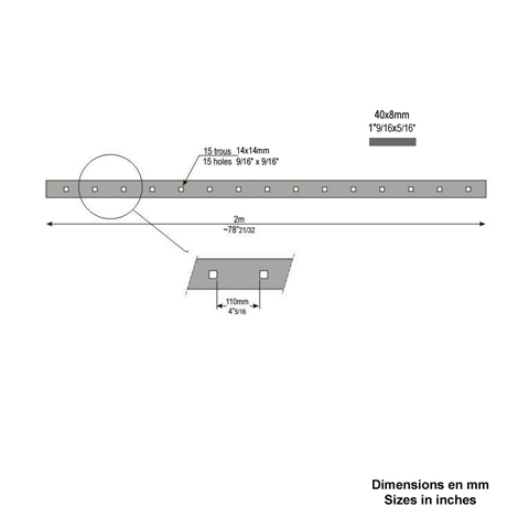 Barre poinonne 40x8mm 15 trous 14x14mm carrs longueur 2m pour cltures et grilles Barre poin