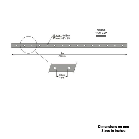 Barre poinonne 40x8mm 15 trous 16x16mm obliques longueur 2m pour cltures et grilles Barre po