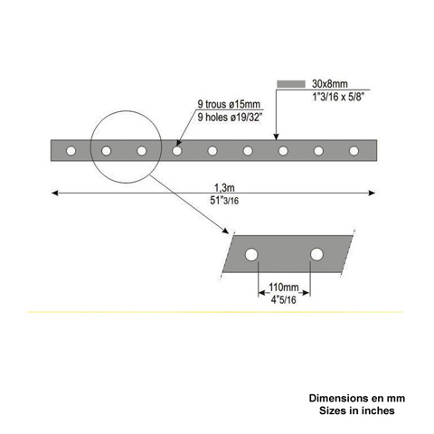 Barre poinonne 30x8mm 9 trous 15mm longueur 130cm pour grilles de dfenses Barre poinonne 