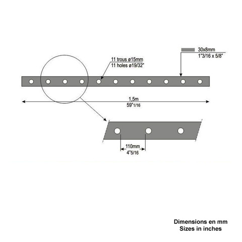 Barre poinonne 30x8mm 11 trous 15mm longueur 150cm pour grilles de fentres Barre poinonne