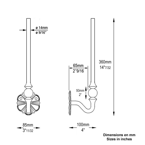 Patre acier forg 360x100mm rond de 14mm support de main courante Patre acier Support mural 