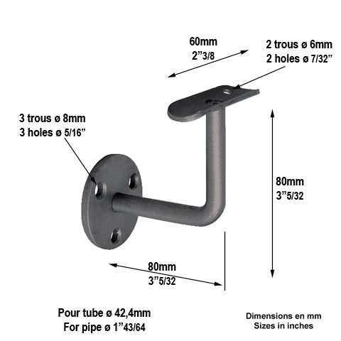 Patre acier forg 80x80mm rond de 12mm support de rampe en rond 42mm Patre acier Support mu