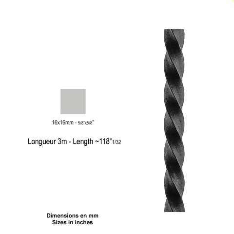 Barre profile carr 16x16mm longueur 3 m carr torsad brut carr torsad Barre torsade