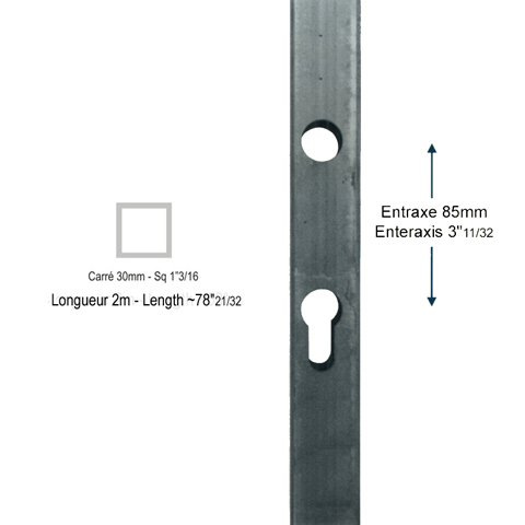 Tube pr-usin 3 faces 30x30mm pour recevoir une serrure entraxe 85mm Tube usin pour serrure T