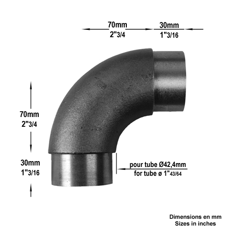 Coude 90 de main courante en acier pour tube 42,4mm epr 2mm Raccords pour tube epr 2mm Main c