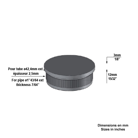 Bouchon de tube 42,4mm epr 2,5mm de main courante en acier Raccords pour tube epr 2,5mm Main c