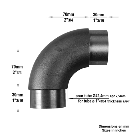 Coude 90 de main courante en acier pour tube 42,4mm epr 2,5mm Raccords pour tube epr 2,5mm Ma